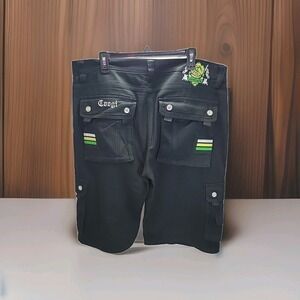 Y2K COOGI Australia Black Cargo Shorts Men's 38 Embroidered Flags Logo RARE 14"